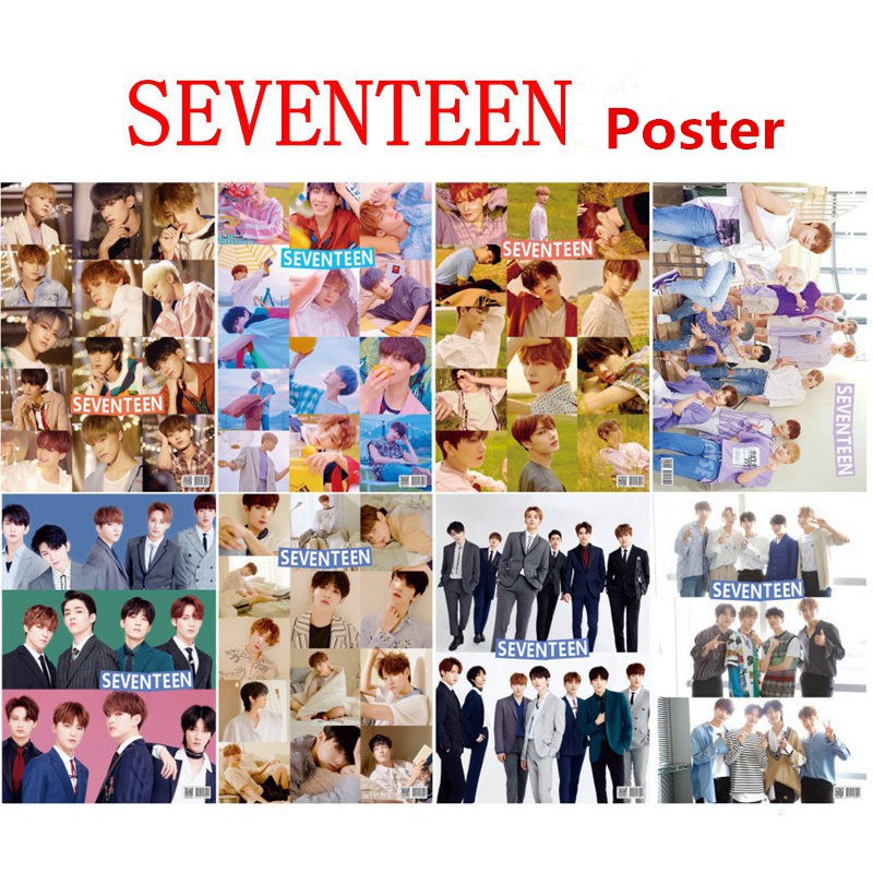 Poster 8 tấm A3 Senventeen tranh treo tường in hình đẹp nhóm nhạc idol Hàn Quốc trang trí nhà cửa quà tặng xinh xắn