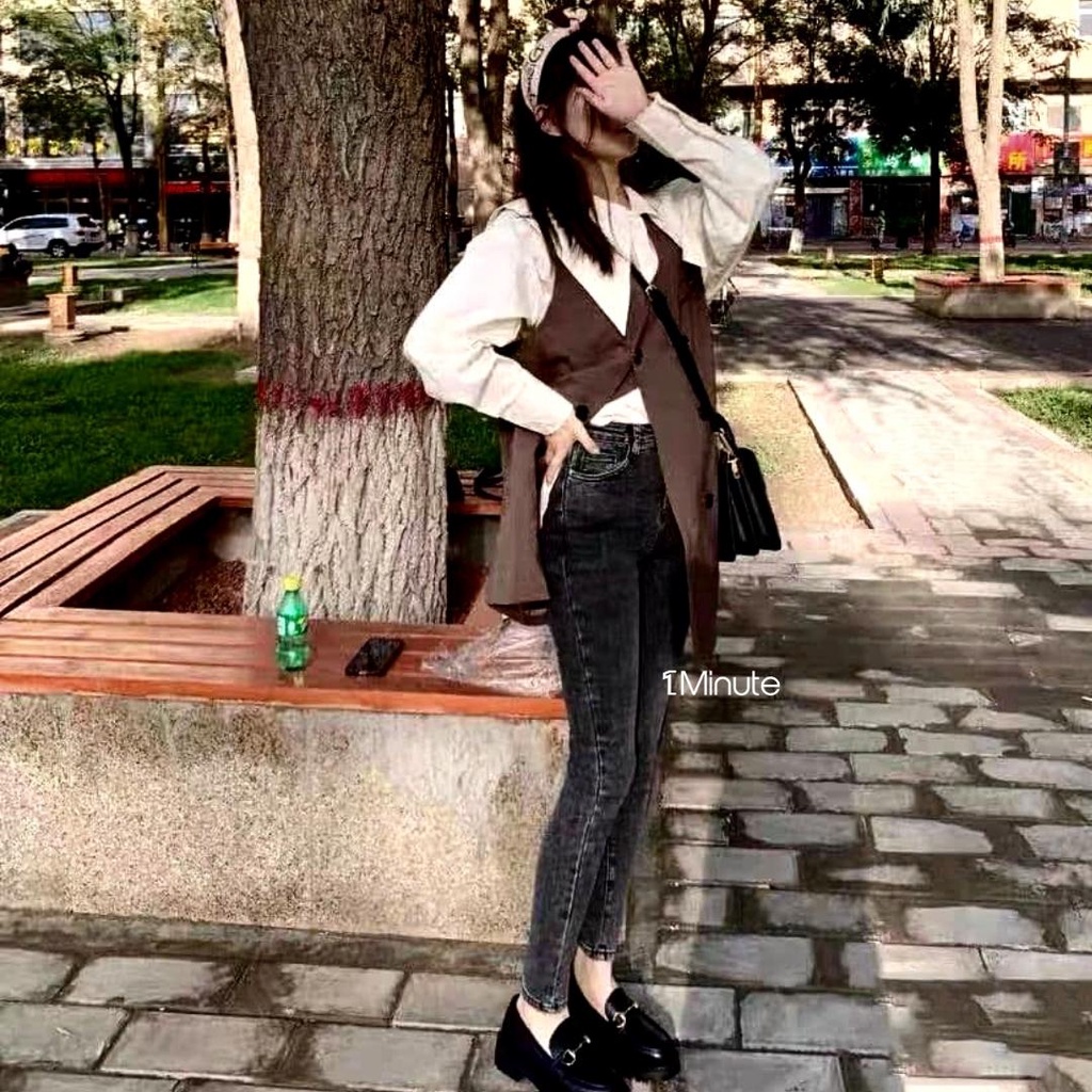 Quần Jean Skinny Nữ Dáng Ôm Lưng Siêu Cao Trơn Basic 1MINUTE - quần jeans bò co giãn cạp lưng cao Rika25