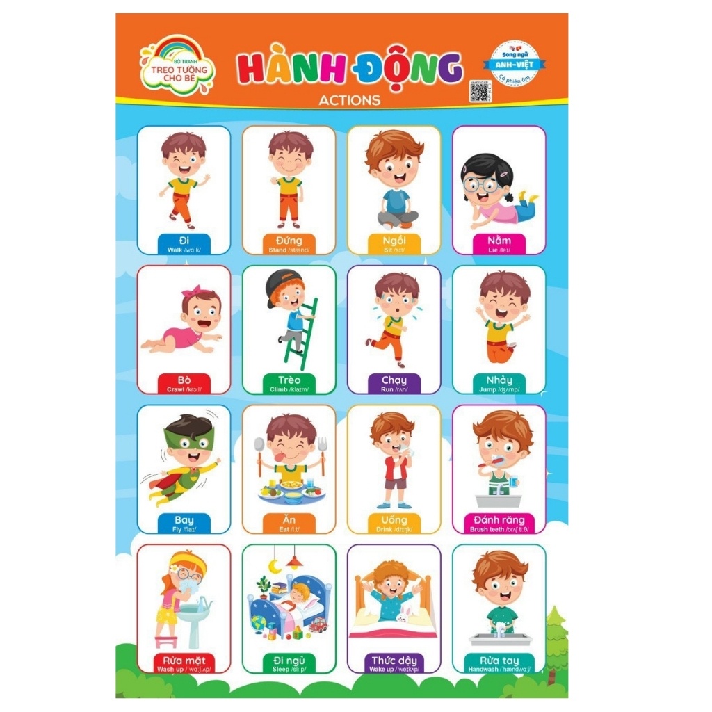 Bộ tranh treo tường kĩ năng cho bé - 10 chủ đề - quét mã âm thanh QR, song ngữ Anh-Việt