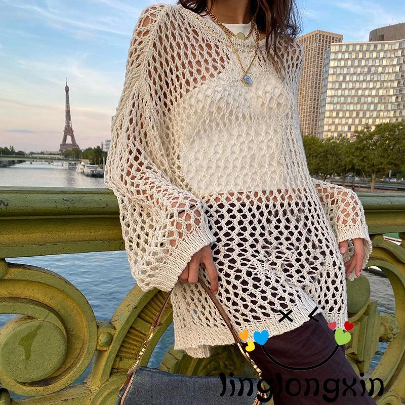 Áo Dệt Kim Dáng Rộng Tay Dài Cổ Tròn Thời Trang Mùa Hè Cho Nữ Y2K Grunge Size S M L
