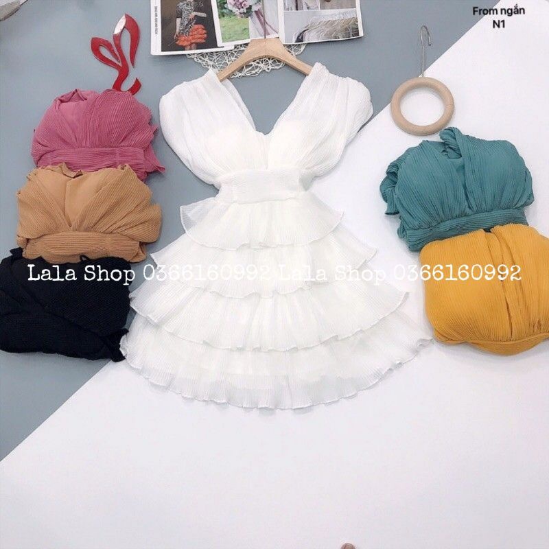 Đầm Voan Dập Ly Xếp Tầng Cổ V Lala Shop