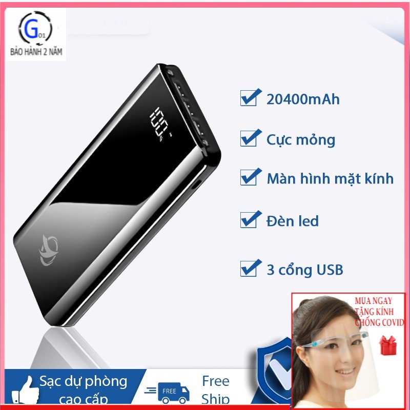 Sạc cực nhanh 🚚 FREE SHIP 🚚 Pin dự phòng, Sạc dự phòng 20000mah mặt gương đen dung lượng khủng tặng cáp sạc nhanh