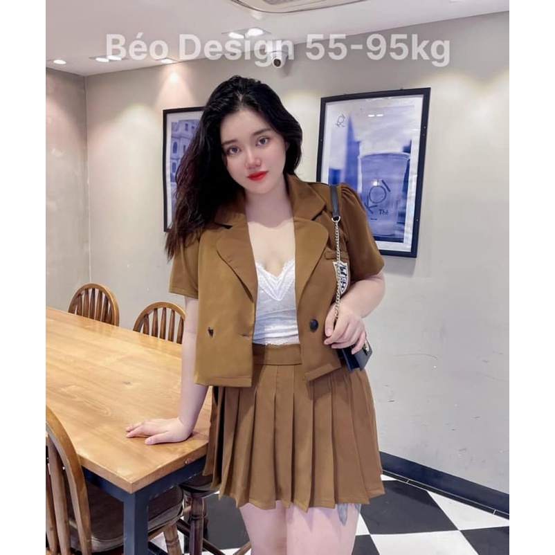 Áo vest ngắn tay + Chân váy xếp ly Bigsize