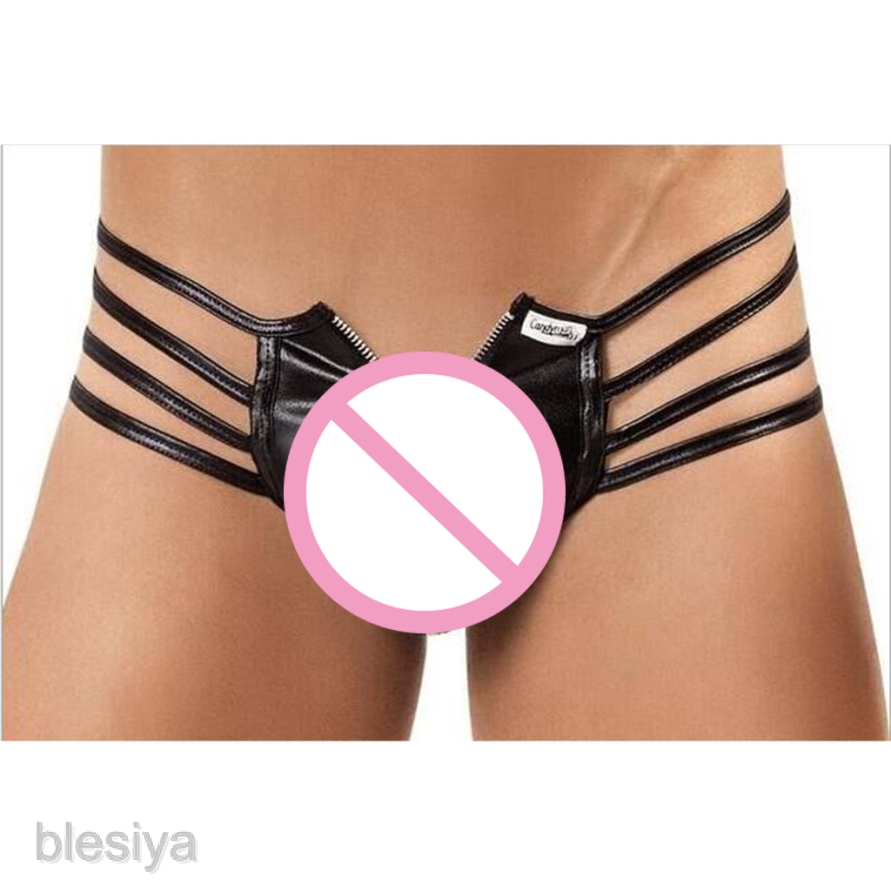 Quần lót lọt khe lưng chữ T bằng da PU màu đen phối dây kéo phía trước gợi cảm cho nam tại hộp đêm