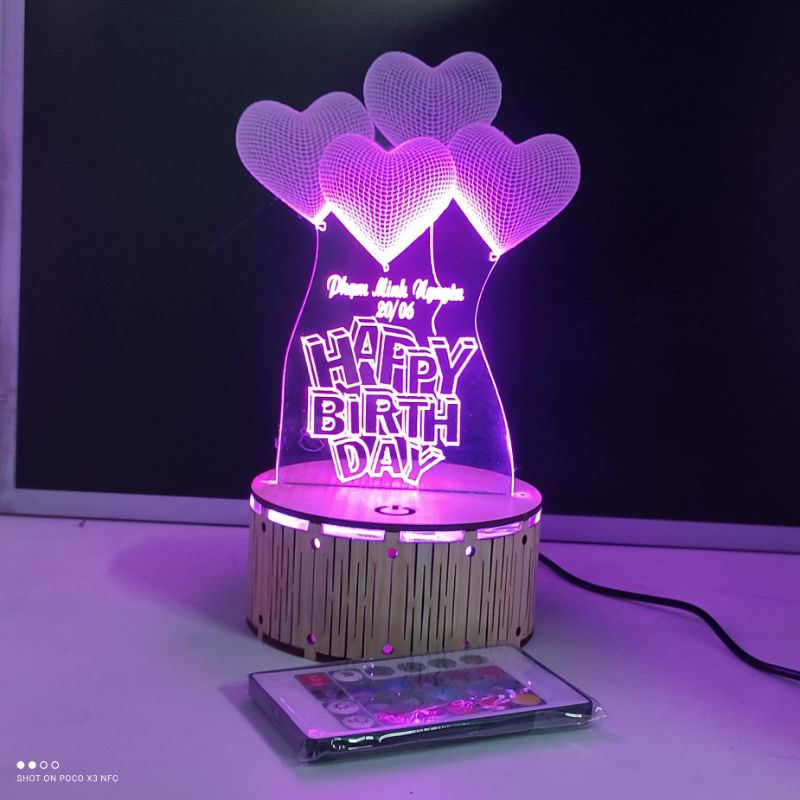 Đèn Ngủ Đế Gỗ Led 3D - Love Happy Birthday