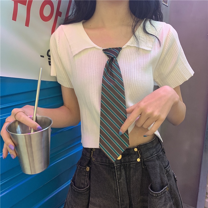 ZHELIHANGFEI Áo len dệt kim POLO cổ áo ngắn tay eo cao cổ điển