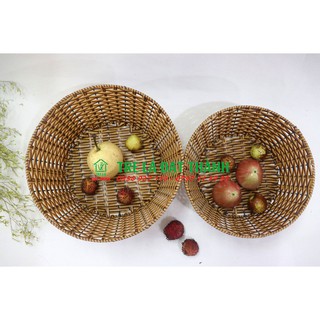 Rổ tròn nhựa giả mây tre đan đựng hoa quả để bàn cao cấp