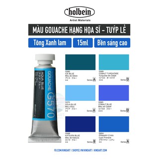 Tông xanh dương màu Gouache Holbein - 15ml - tuýp lẻ