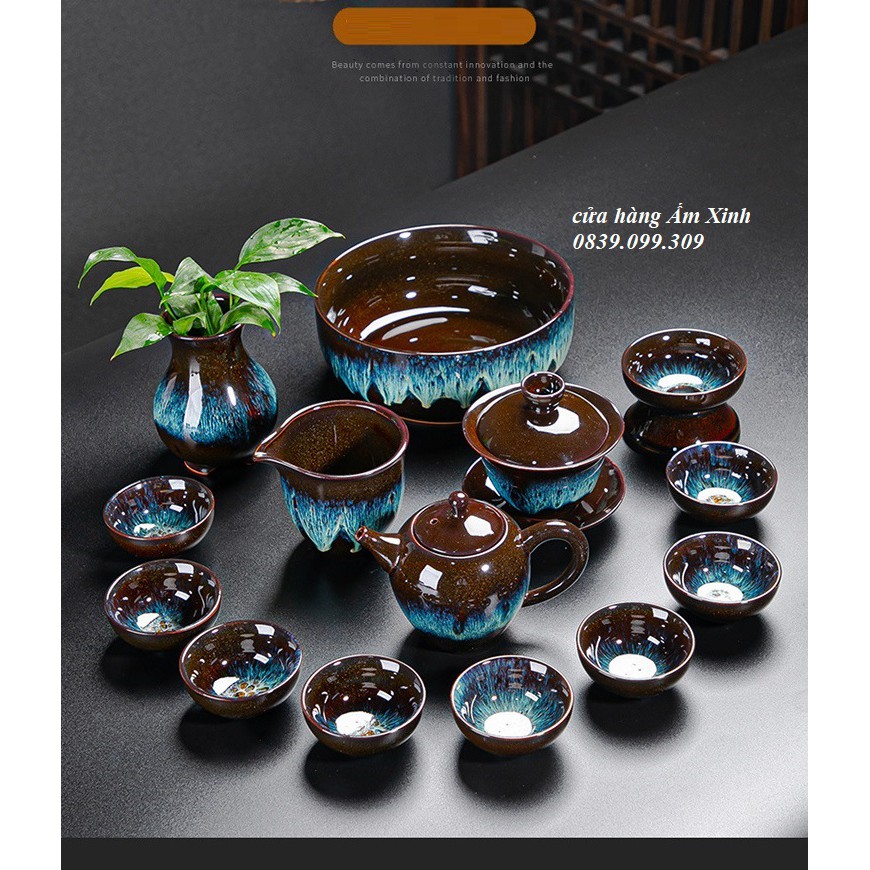Bộ ấm chén pha trà đạo men thiên mục Lông thỏ