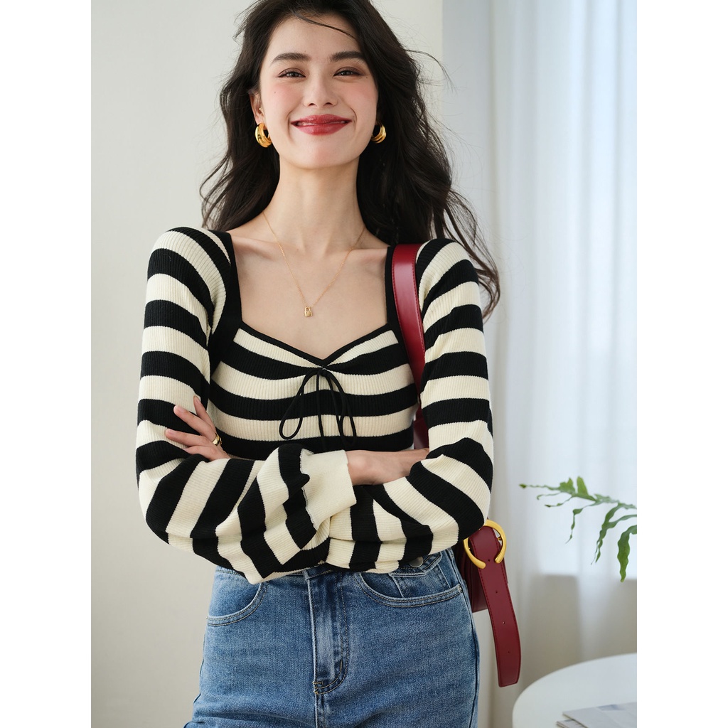 Áo Len Dài Tay Cổ Vuông Họa Tiết Kẻ Sọc Phong Cách retro Hàn Quốc