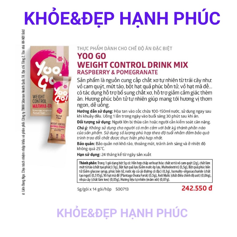 Thực phẩm dành cho chế độ ăn đặc biệt YOO GO WEIGHT CONTROL DRINK MIX RASPBERRY&POMEGRANATE – 14 gói