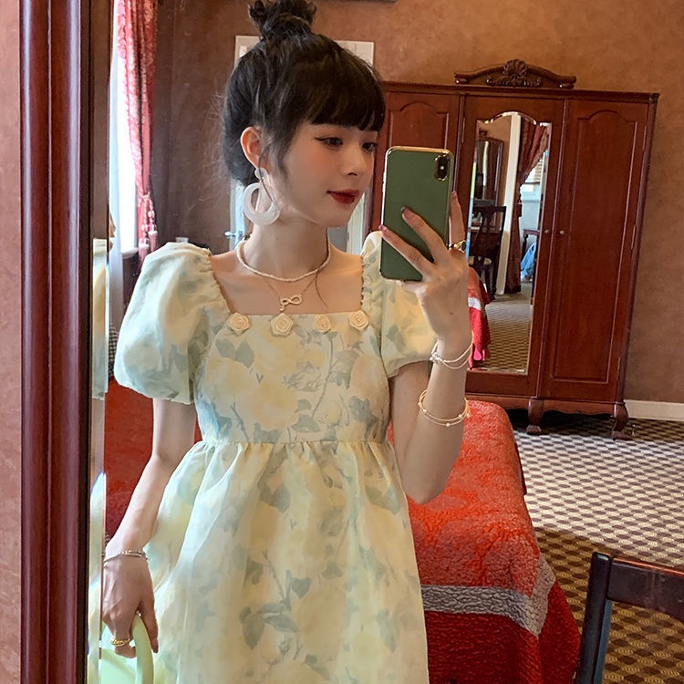 Đầm Công Chúa Tay Phồng Cổ Vuông In Họa Tiết Hoa Kiểu Pháp Xinh Xắn Cho Nữ