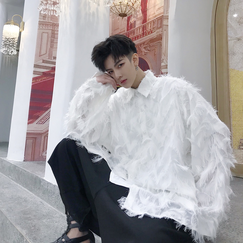 Áo Sơ Mi Dài Tay Xuyên Thấu Hình Lông Vũ Thời Thượng Phong Cách Phương Tây Cho Nam DJ