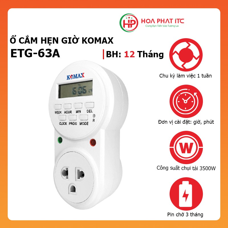 Ổ cắm hẹn giờ Komax ETG-63A tải điện 400w chu kỳ 7 ngày cài đặt giờ, phút, giây