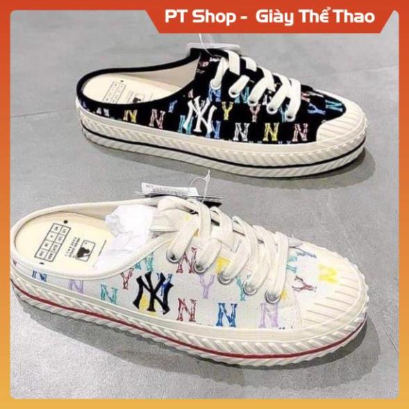 [FreeShip-Hàng Xịn] Giầy MLB NY đen và trắng đạp gót hót trend , Giày MLB sục đen trắng cao cấp full phụ kiện Sneaker