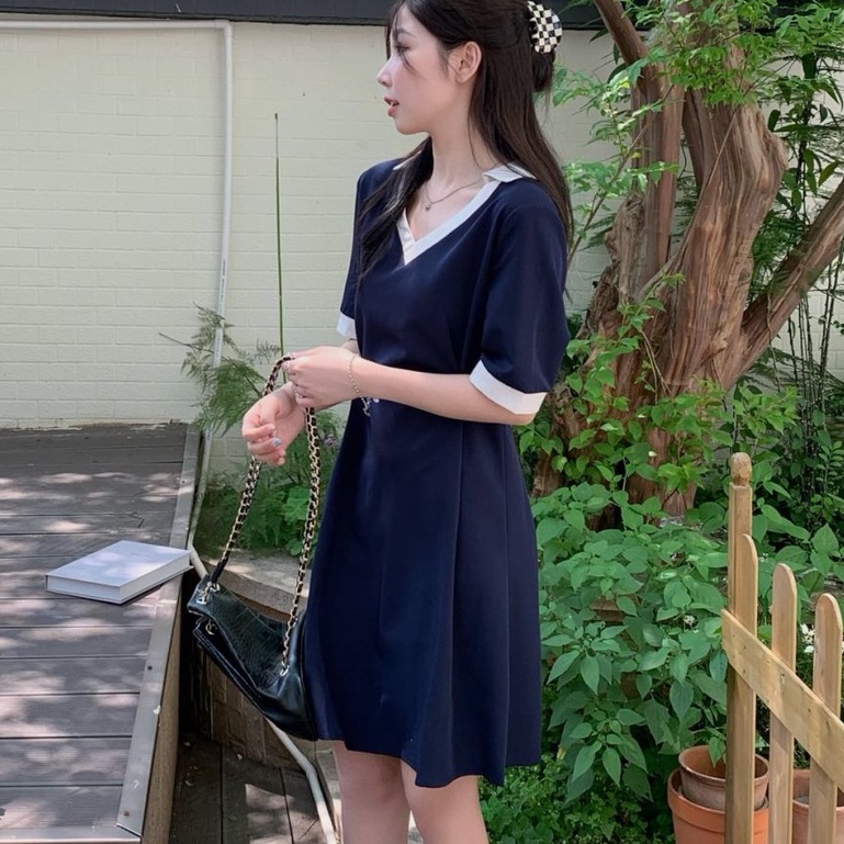 Đầm Thun polo Ôm Eo Cổ Chữ v Màu Sắc Tương Phản Thời Trang Mùa Hè Dành Cho Nữ