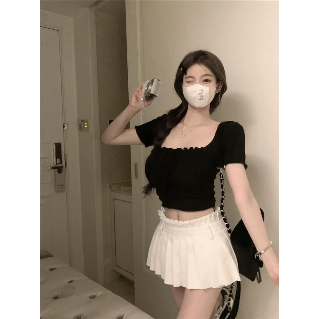 Áo Len Tay Ngắn Cổ Vuông Dáng Ôm Thời Trang Cho Nữ