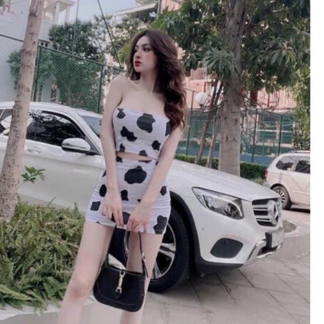 Set Đầm váy body kèm áo ống hoạ tiết bò sữa 🪴🪴🪴u
