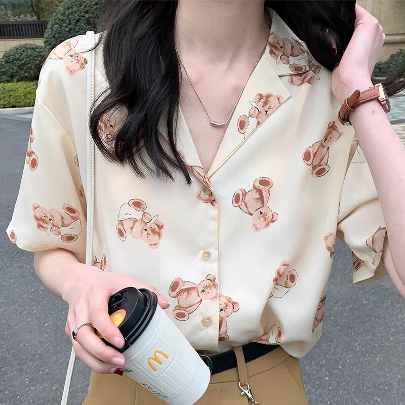 Áo sơ mi công sở nữ bigsize 4xl Hàn Quốc họa tiết đáng yêu ngắn tay form rộng tay lỡ kiểu dáng Ulzzang DK8T202