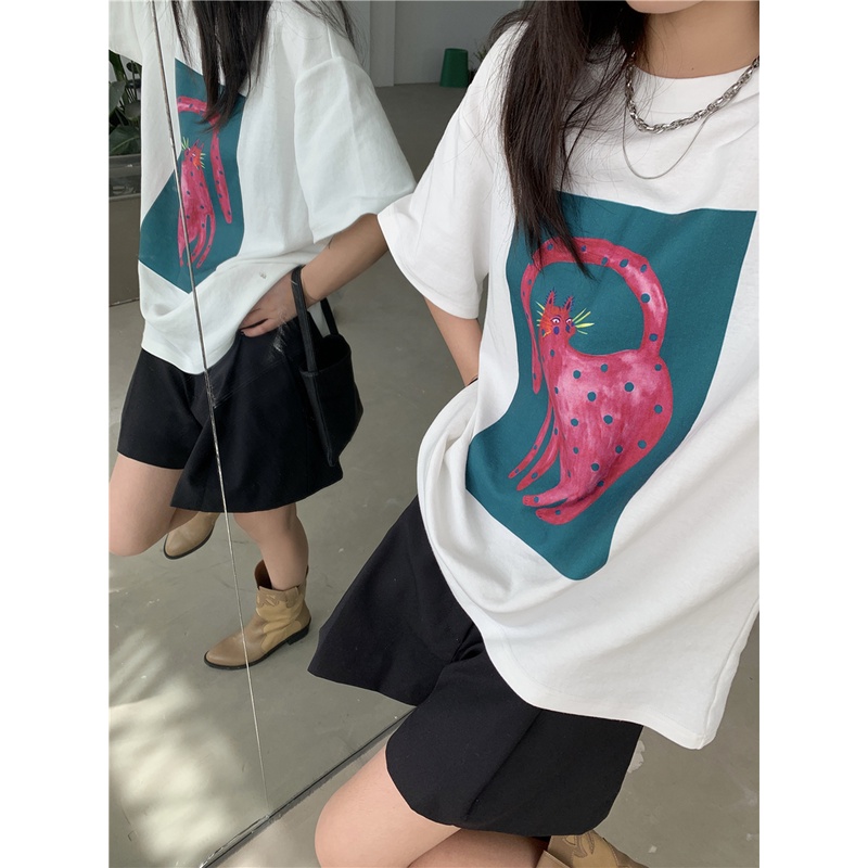 Áo Thun Cotton Tinh Khiết Tay Ngắn Dáng Rộng In Hình Báo Hồng 49896 Thời Trang Cho Nữ