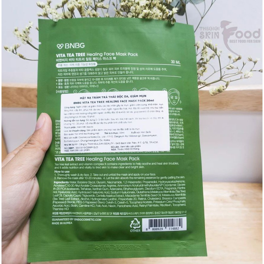 Mặt nạ miếng dưỡng ẩm, dưỡng trắng, giảm mụn, phục hồi da Hàn Quốc BNBG Mask (Vitamin A,B,C,E, trà xanh)