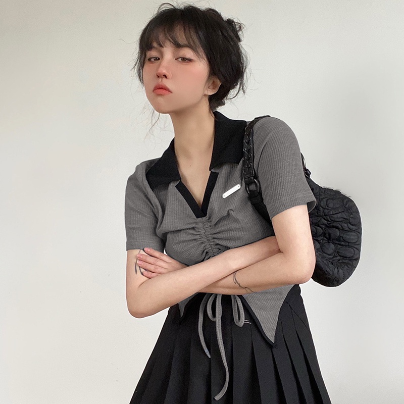 QADCOL   Áo Thun Mỏng Xếp Ly Viền Kim Loại Kiểu retro Mỹ Xinh Xắn Cho Nữ