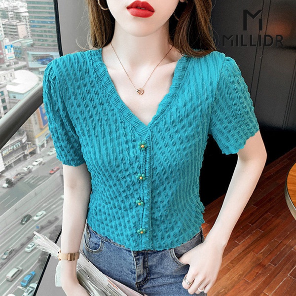 Áo thun tay ngắn cổ chữ V phối nút hình hoa phong cách phương Tây thời trang mùa hè hàng mới dành cho bạn nữ