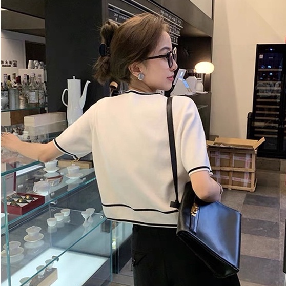 Áo dệt kim NZN ngắn tay màu tương phản thời trang Pháp cho nữ