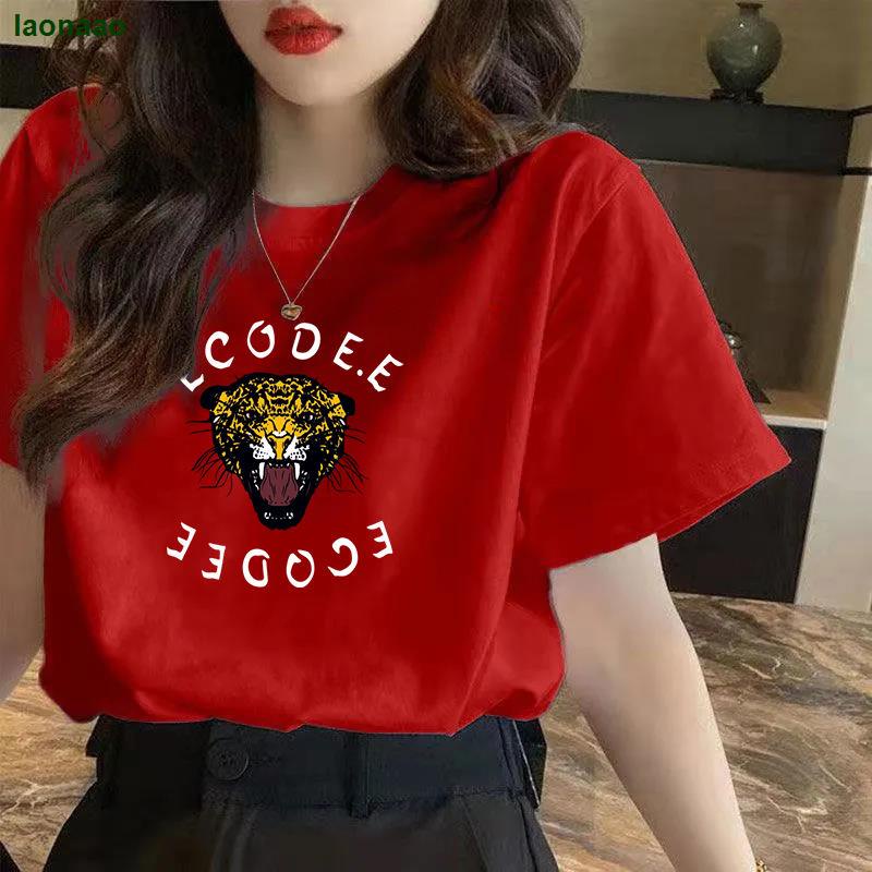 Áo Thun Tay Ngắn Màu Đỏ In Hình Chú Hổ Năm Mới 2022 Thời Trang Xuân Hè Phong Cách Hàn Quốc Cho Nữ