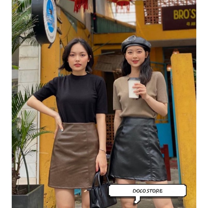 Chân Váy Da Pu Dáng Chữ A Lưng Cao Thiết Kế Đơn Giản