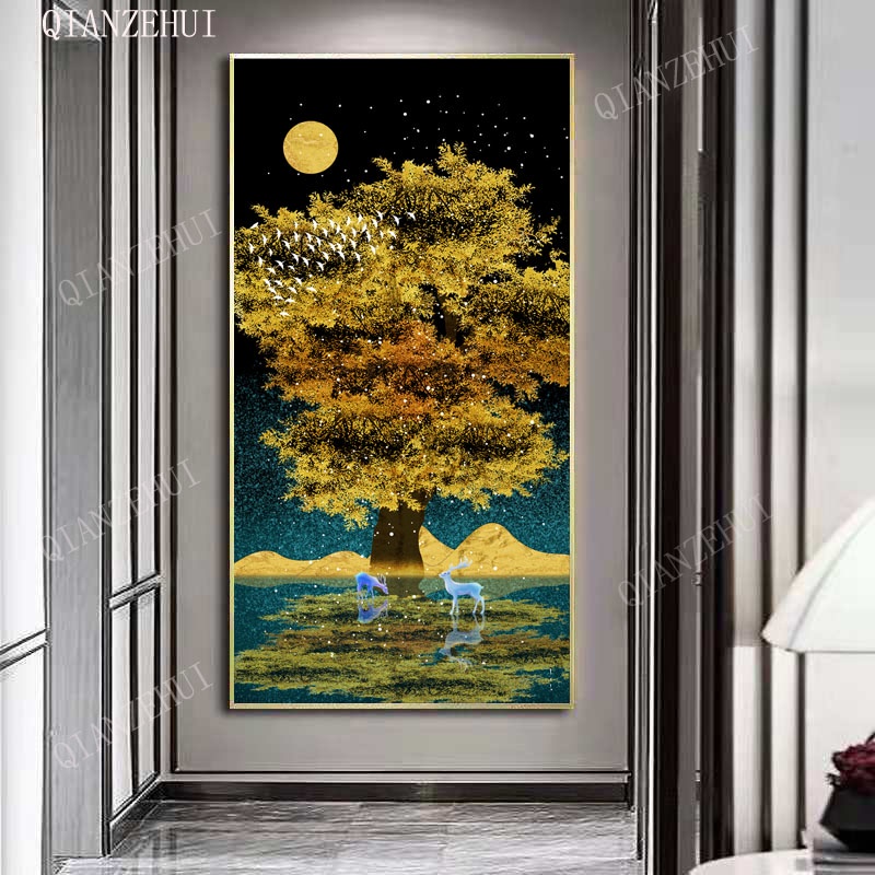 Bộ Tranh Đính Đá diy Hình Phong Cảnh Ban Đêm Mặt Trăng Cây Tài Lộc Tài Lộc Tài Lộc Để Trang Trí Phòng Khách