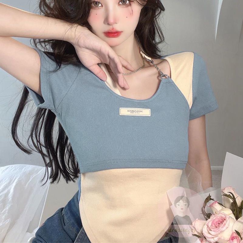 Áo Thun Tay Ngắn Cổ Yếm Màu Sắc Tương Phản Thời Trang Mùa Hè Dành Cho Nữ