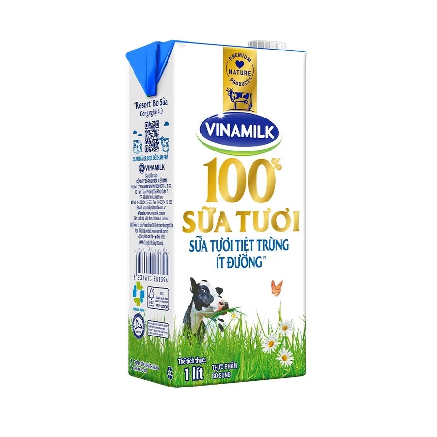 Sữa tươi tiệt trùng Vinamilk 100% Không đường / ít đường / có đường - Hộp giấy 1L