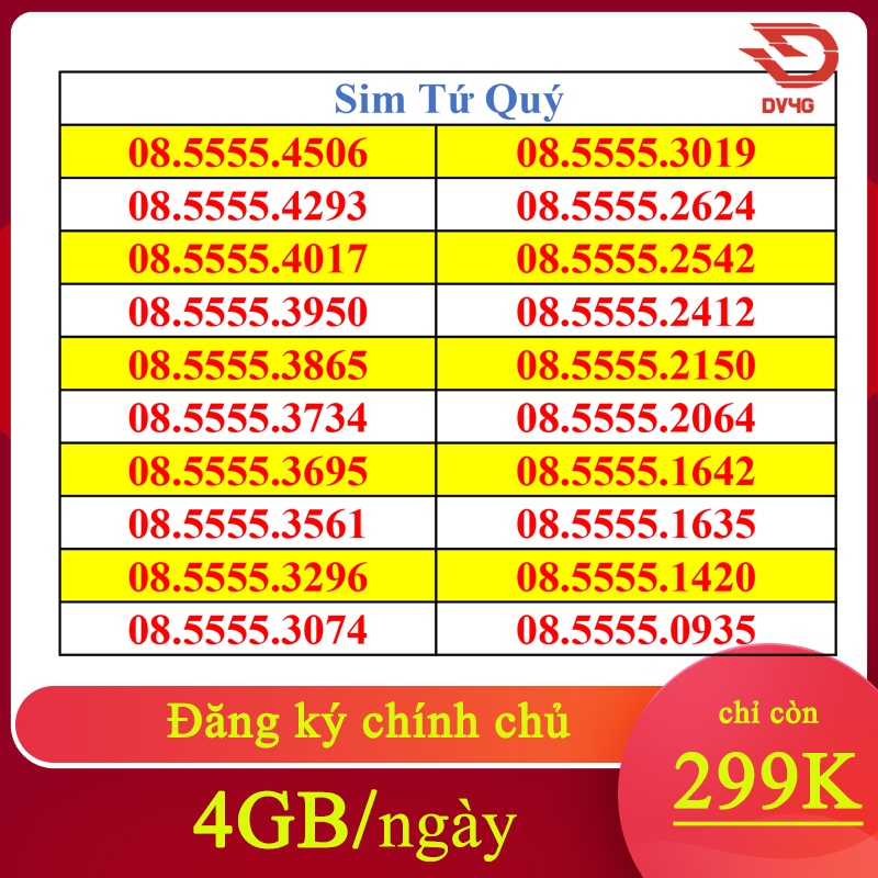 SIM SỐ ĐẸP- SIM TỨ QUÝ - SIM BIỂN SỐ XE - Giá rẻ (đăng ký chính chủ) 2GB/ ngày