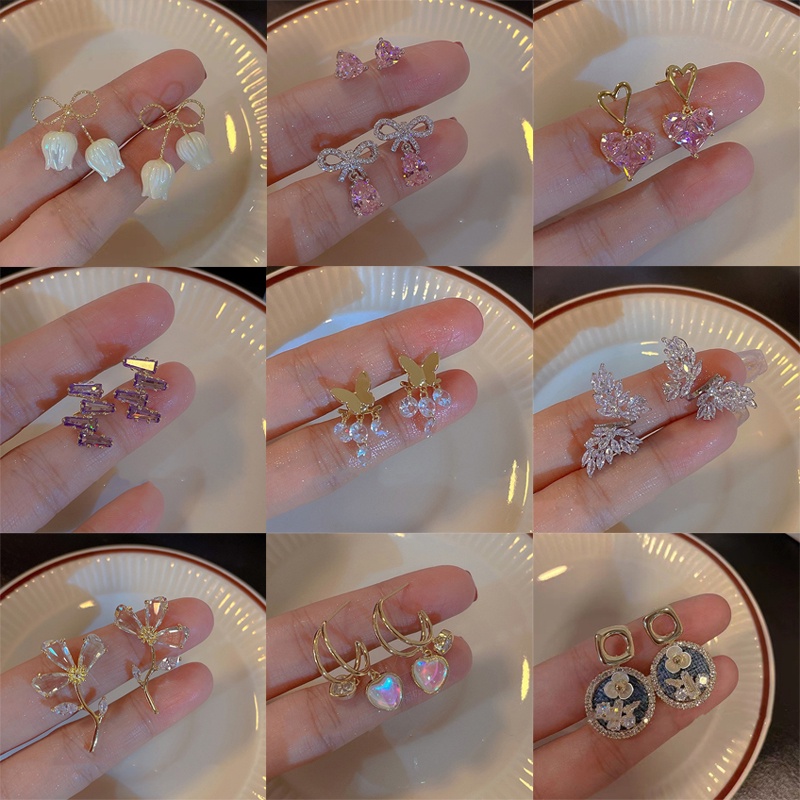 Bông Tai Thời Trang Hình Hoa & Bướm Bằng Hợp Kim Có Đính Đá & Ngọc Trai Giả