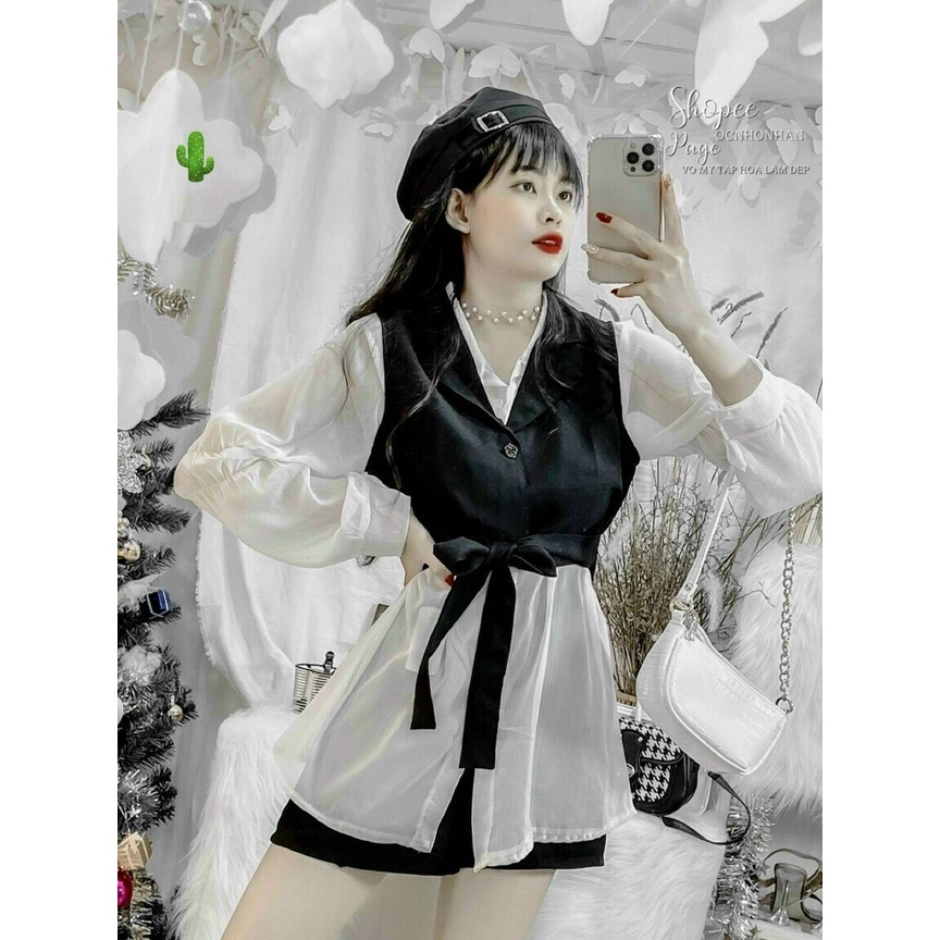 Set áo kiểu sơ mi trắng tay dài kèm áo khoác gile ngắn ngoài buộc dây hot