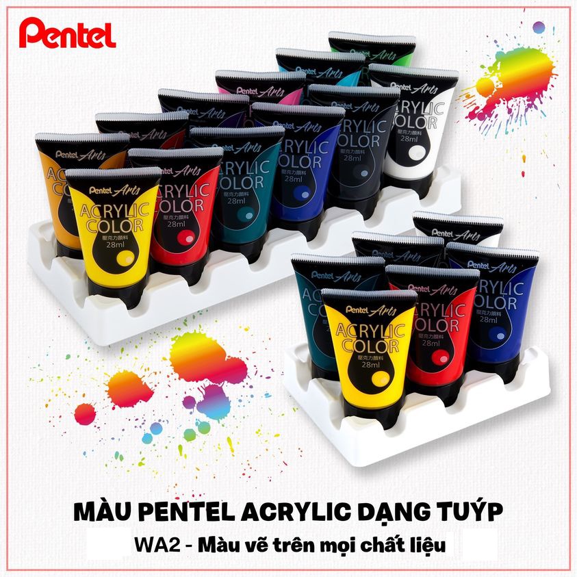 Màu Acrylic Nhật Bản Chuyên Nghiệp Dạng Tuýp 28ml Pentel Acrylic | Độ Bền Màu Cao Tới 50 Năm | Vẽ Lên Vải/Đá/Tường/Gỗ/Sứ