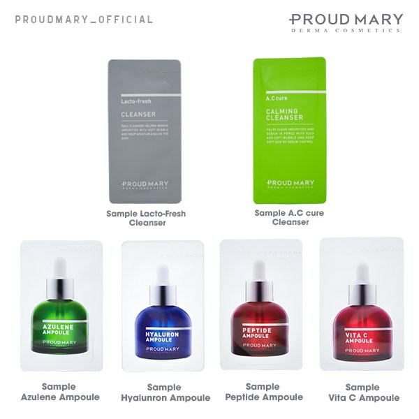 6 Sample gồm 4 Ampoule & 2 Sữa Rửa Mặt Proud Mary (hàng tặng không bán)