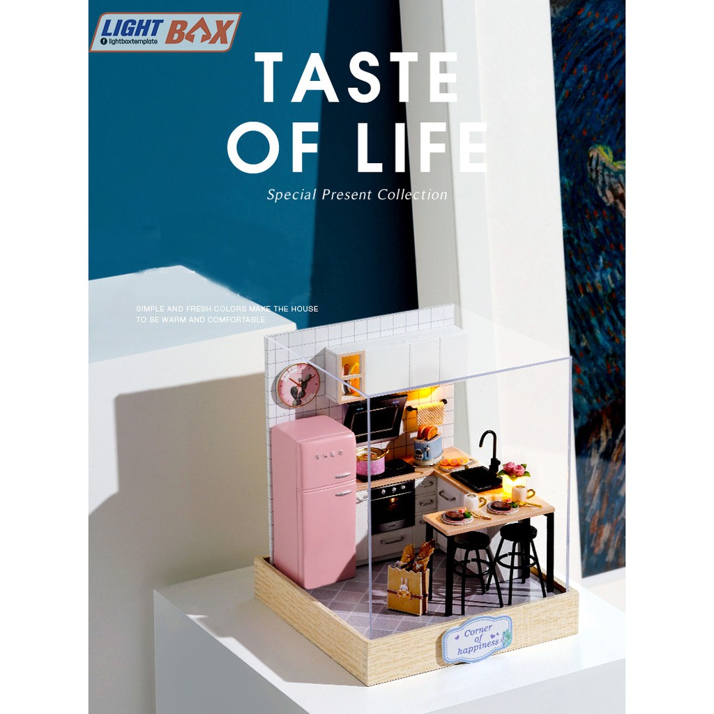 Nhà búp bê Tự làm bằng gỗ [Nhà TASTE OF LIFE có nội thất &amp; đèn led ] Tặng kèm khung MICA + dụng cụ keo