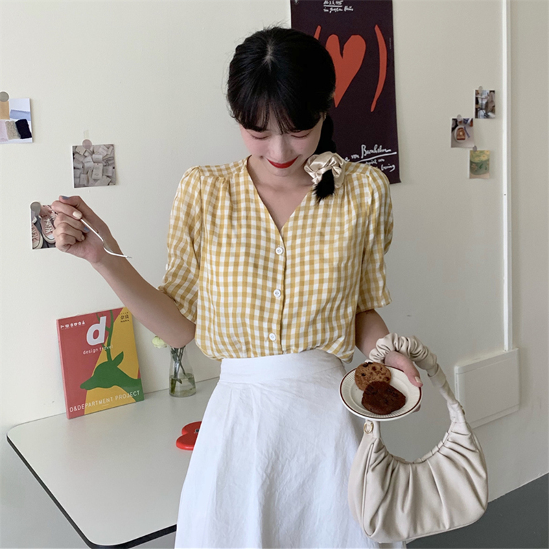 Áo sơ mi SUXI ngắn tay cổ chữ V họa tiết ca rô thời trang cho nữ