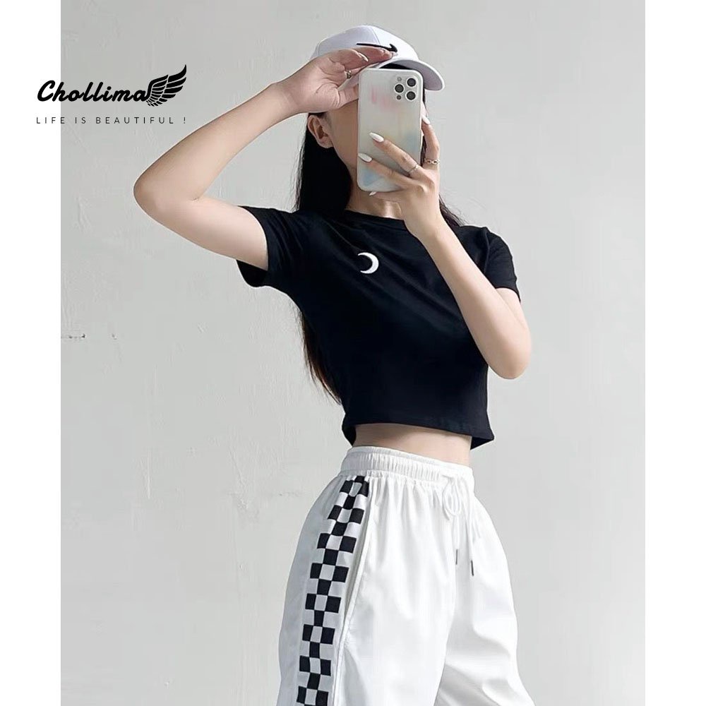 Áo thun croptop tay lỡ Chollima thêu hình MẶT TRĂNG AT452 chất vãi dày dặn co giãn 4 chiều