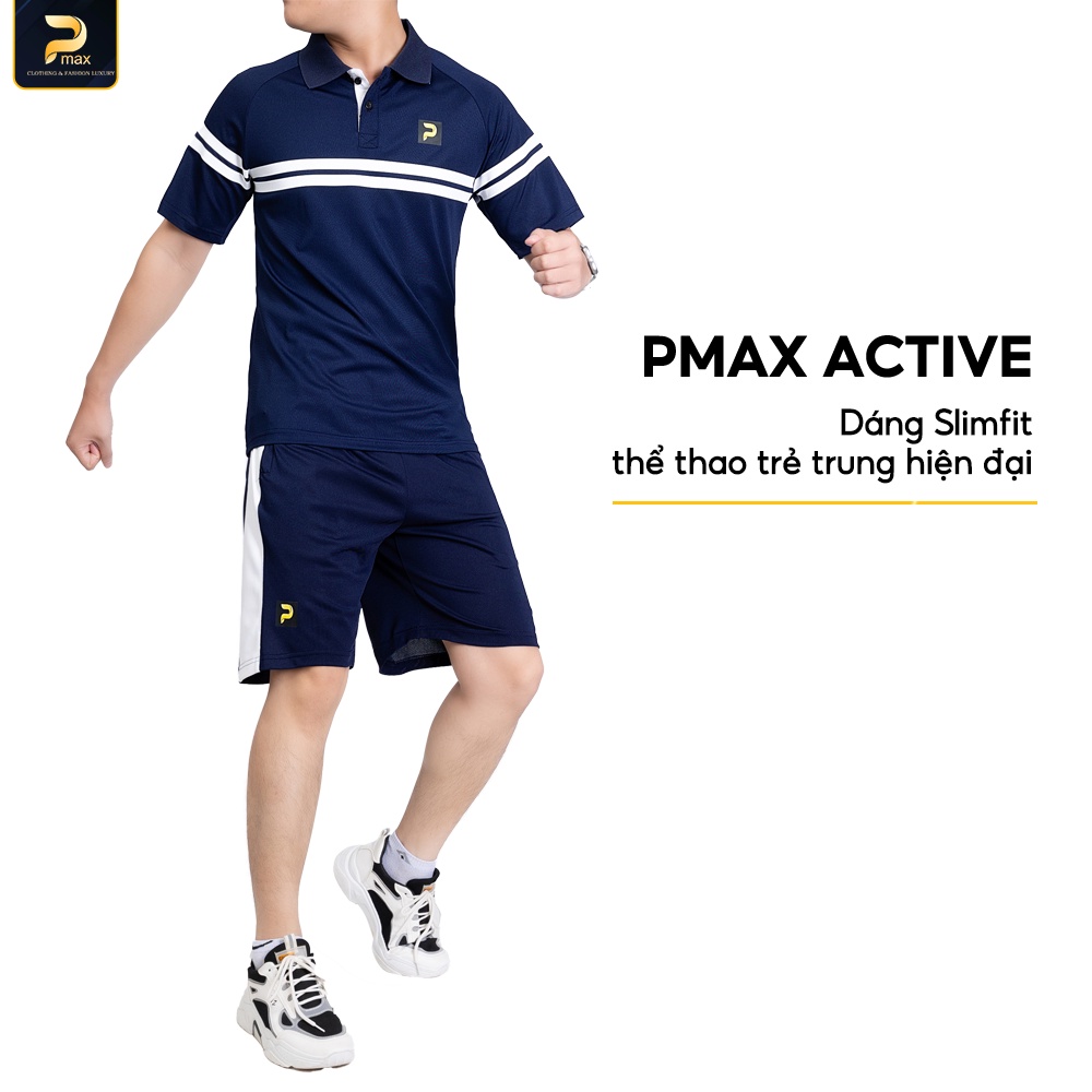 Bộ quần áo hè nam cộc tay PMAX form dáng slimfit cổ polo kẻ sọc thể thao