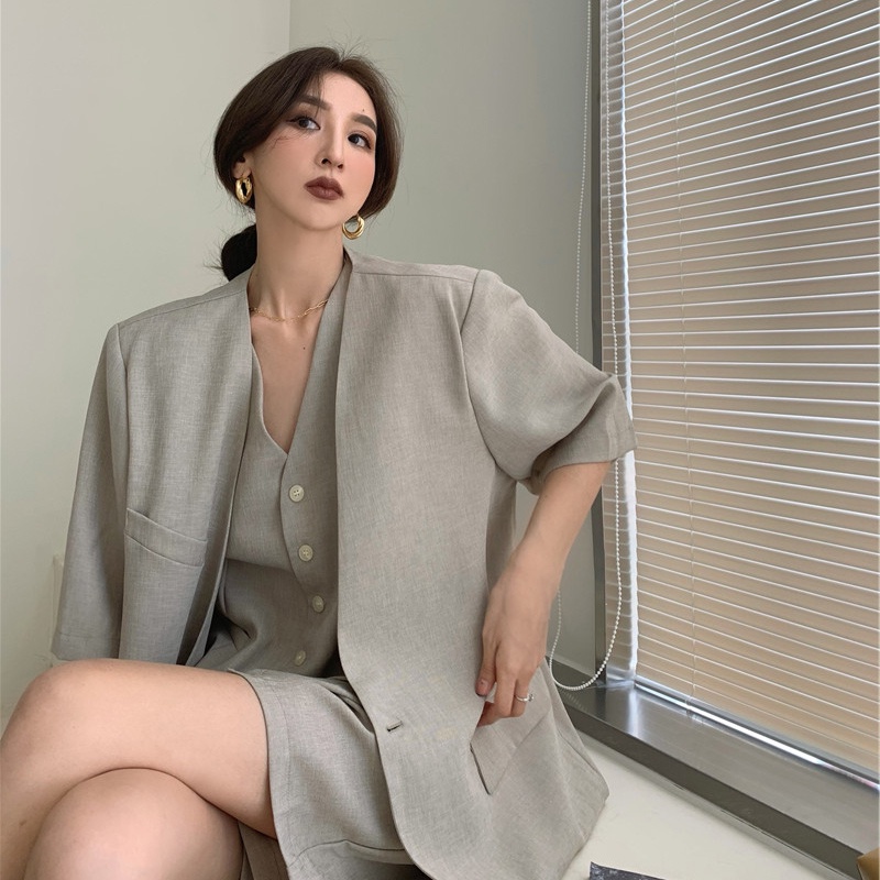 (M22) SET RETRO GỒM ÁO CHOÀNG NGẮN TAY, ÁO GILE VEST VÀ QUẦN SHORT NGẮN