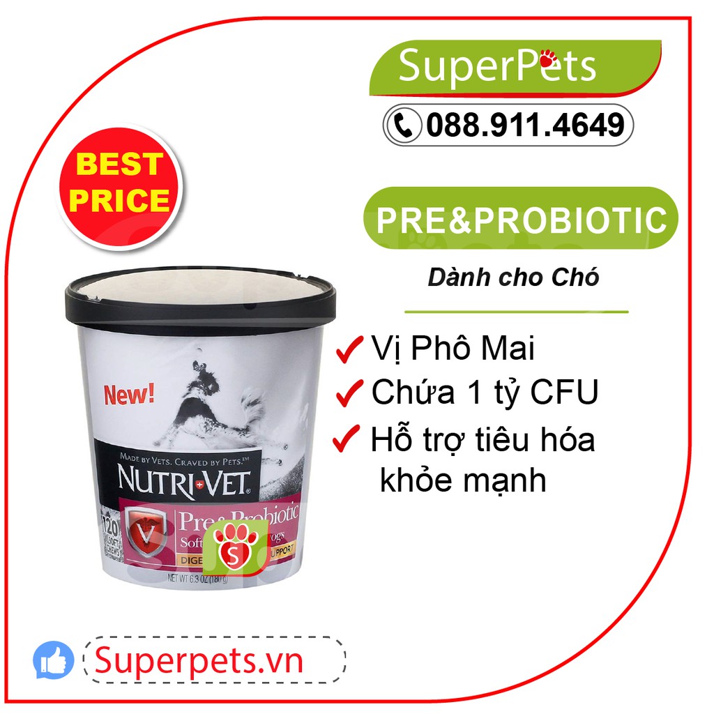 [ Chính Hãng ] Viên Nhai NutriVet PRE & PROBIOTIC cho chó USA 120 viên siêu tiết kiệm