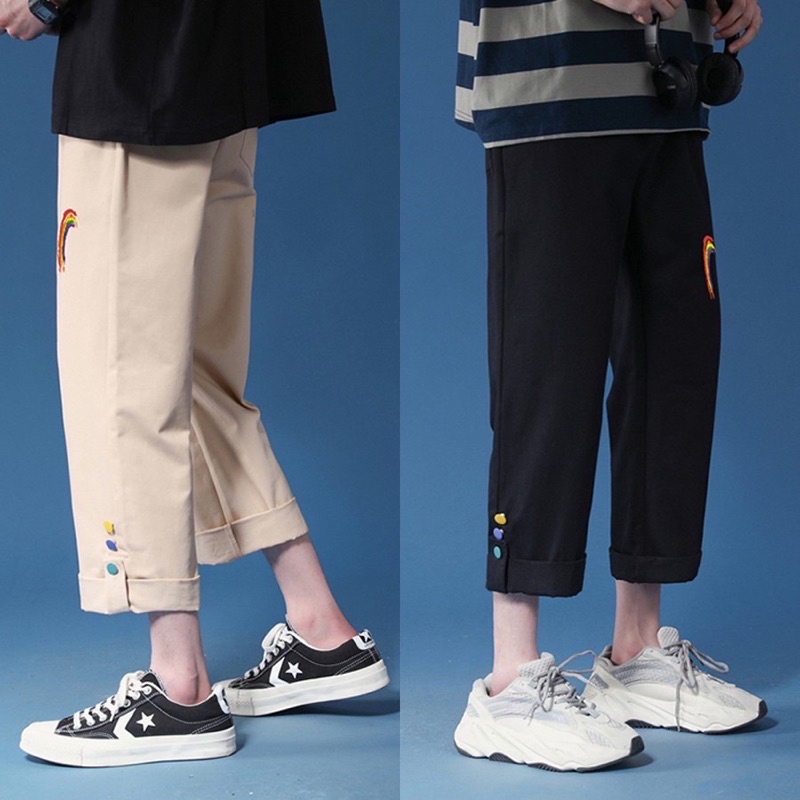 Quần KaKi Baggy Nam Nữ-Quần kaki ống Suông Unisex in hình cầu vồng cực chất- Hai màu Đen Be 3 Size M L XL