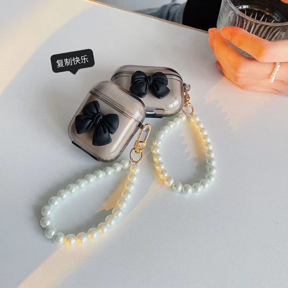 Vỏ bảo vệ hộp sạc tai nghe Airpods 1/ 2/ pro mềm đính nơ ngọc trai thời trang