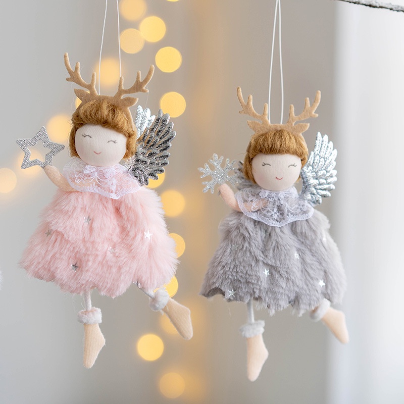 Búp Bê Thiên Thần Lông Xù Kèm Sừng Tuần Lộc Trang Trí Cây Thông Giáng Sinh Màu Xám Hồng Trắng Ấm Áp Có Cánh Làm Ví Treo Tường Thủ