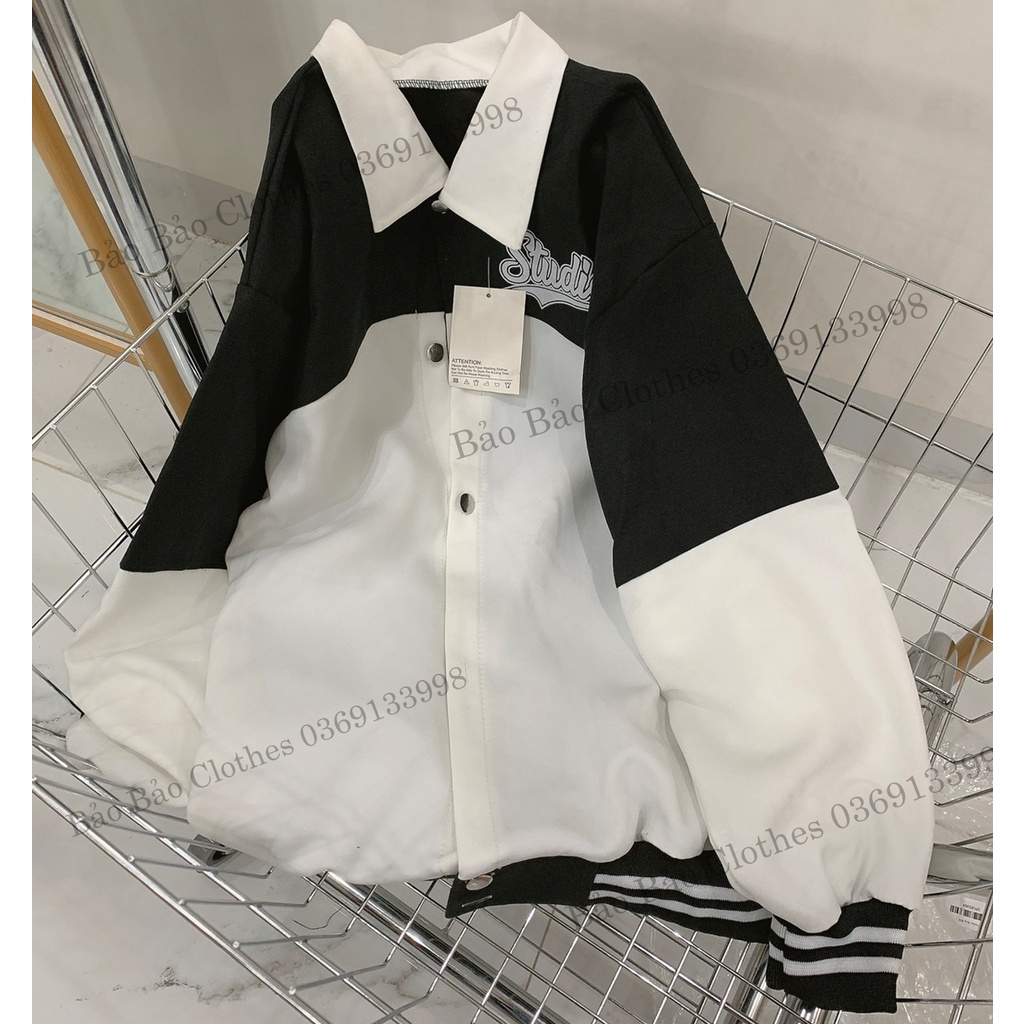 Khoác Bomber Phối Thân Studio Nam Nữ Unisex Dáng Rộng Tay Bồng Cúc Bấm