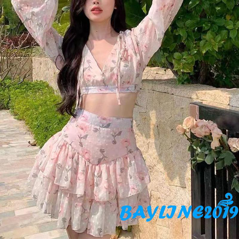 BAY-Women Summer Clothes, Long Sleeve Deep V Neck Floral Crop Tops /Mini Skirt