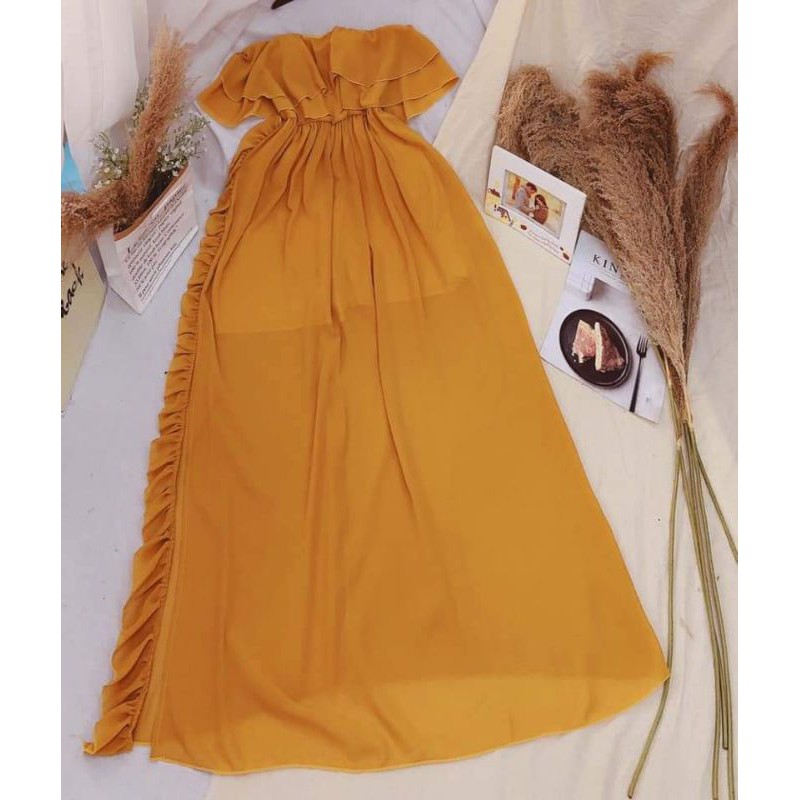 Đầm Maxi Voan Trễ Vai Phối Bèo | BigBuy360 - bigbuy360.vn